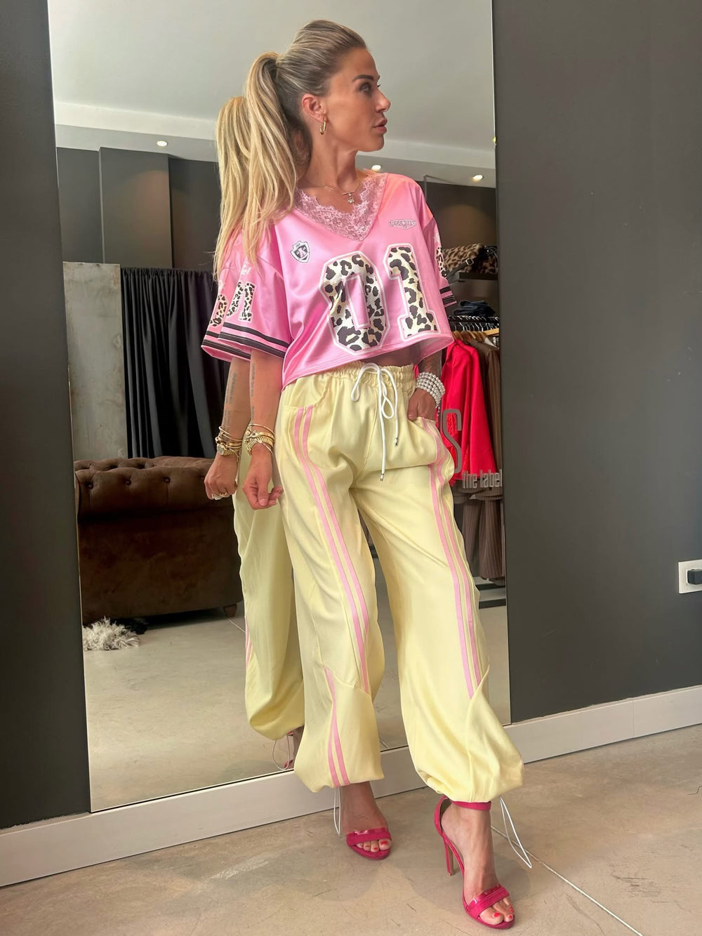 Yellow with pink stripe