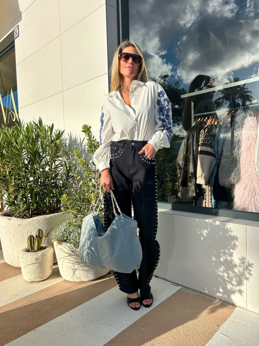White blouse with blue detail
